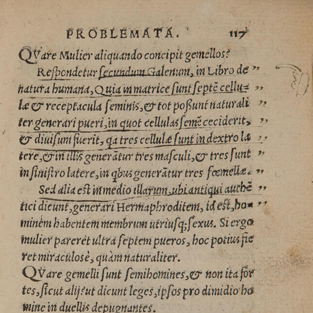 Håndskrevne markeringer fra Populær versjonen av boken Problemata Aristotelis